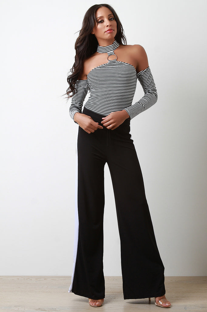 Striped Choker Cold Shoulder Long Sleeves Bodysuit