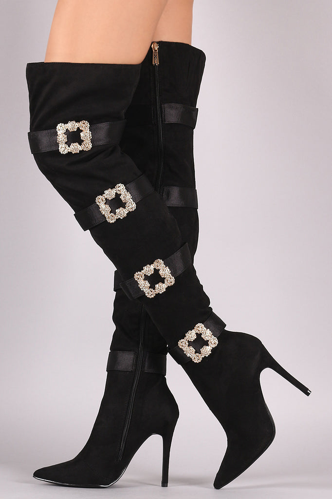 Faux-Crystal Buckle Embellished Suede Pointy Toe Over-The-Knee Stiletto Boots
