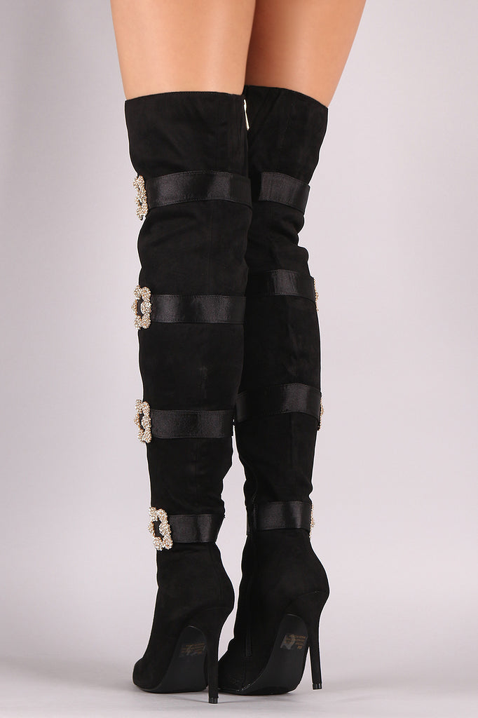 Faux-Crystal Buckle Embellished Suede Pointy Toe Over-The-Knee Stiletto Boots