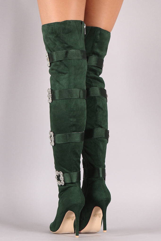 Faux-Crystal Buckle Embellished Suede Pointy Toe Over-The-Knee Stiletto Boots