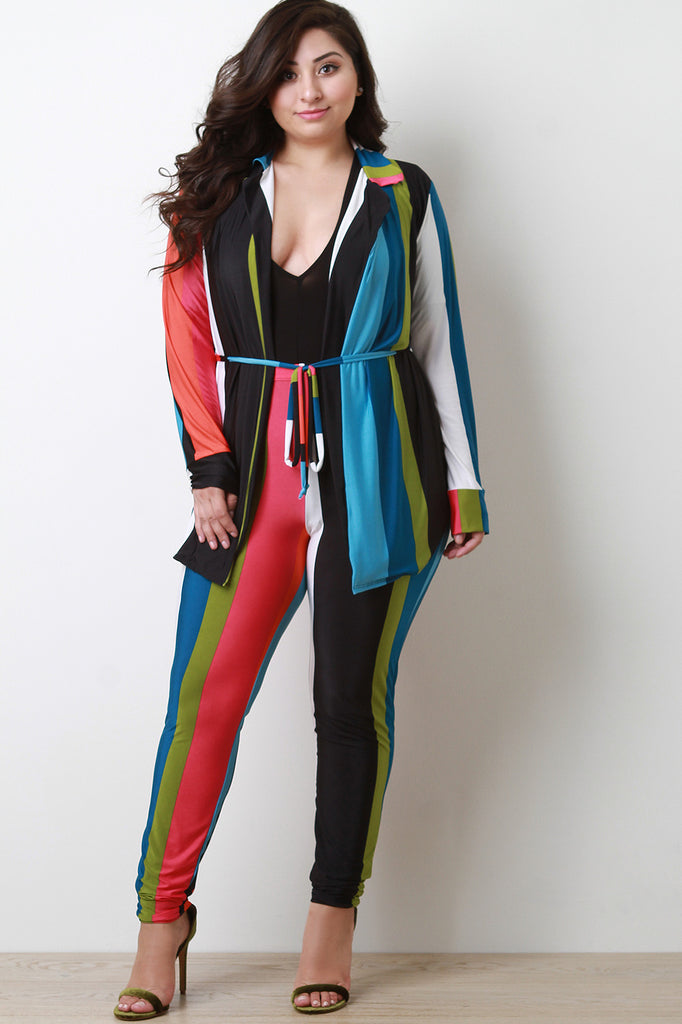 Striped Print Waist-Tie Cardigan With Leggings Set