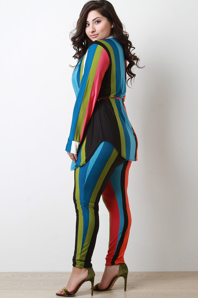 Striped Print Waist-Tie Cardigan With Leggings Set