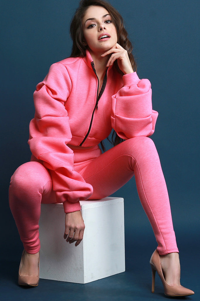 Scuba Ruched Sleeves Crop Jacket With Legging Set