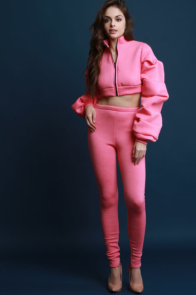 Scuba Ruched Sleeves Crop Jacket With Legging Set