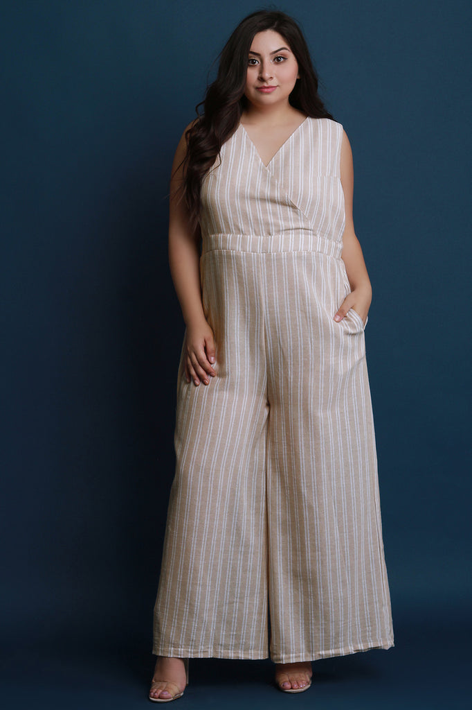 Pinstripe Surplice Open Back Wide Leg Jumpsuit