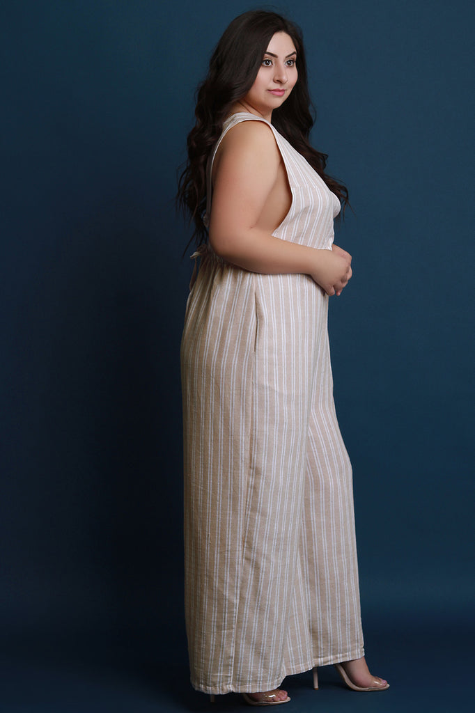 Pinstripe Surplice Open Back Wide Leg Jumpsuit