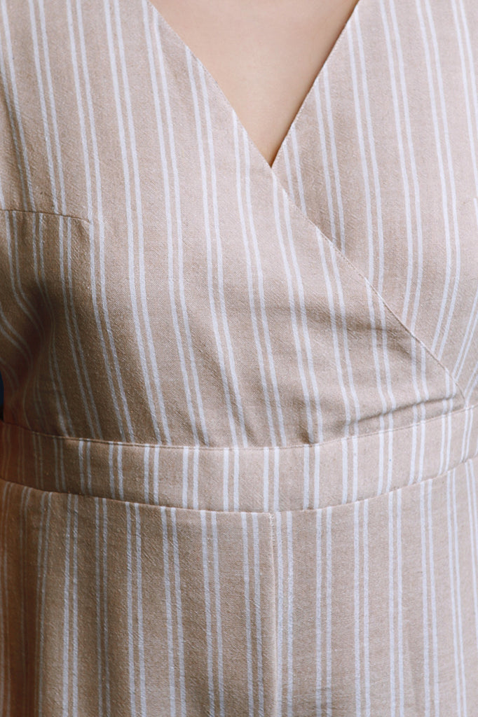 Pinstripe Surplice Open Back Wide Leg Jumpsuit