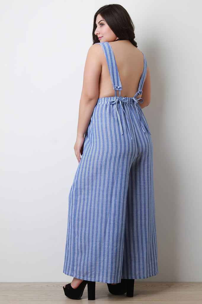 Pinstripe Surplice Open Back Wide Leg Jumpsuit