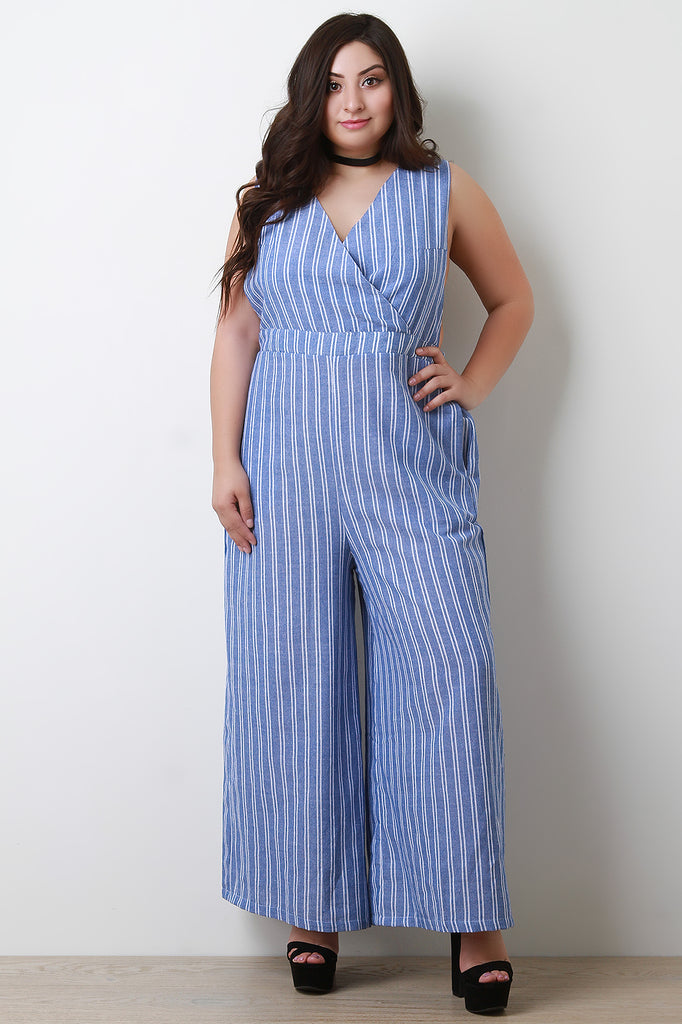 Pinstripe Surplice Open Back Wide Leg Jumpsuit