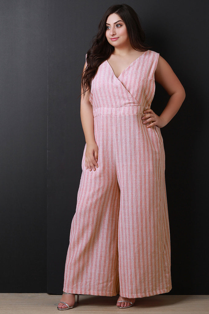 Pinstripe Surplice Open Back Wide Leg Jumpsuit