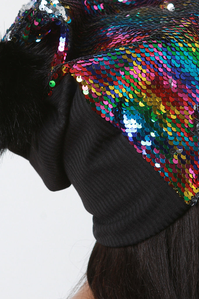 Sequin Pom Slouchy Beanie
