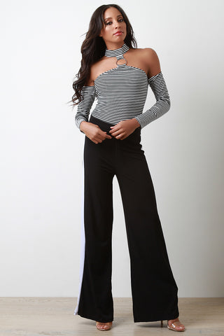 Striped Choker Cold Shoulder Long Sleeves Bodysuit