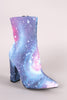 Galaxy Print Pointy Toe Chunky Heeled Ankle Boots