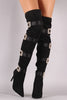 Faux-Crystal Buckle Embellished Suede Pointy Toe Over-The-Knee Stiletto Boots