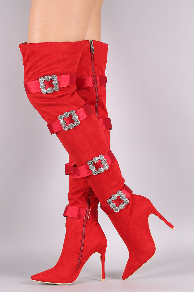 Faux-Crystal Buckle Embellished Suede Pointy Toe Over-The-Knee Stiletto  Boots
