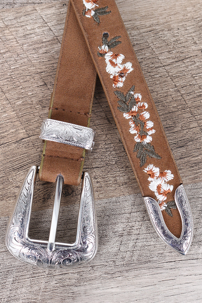 Embroidered Floral Western Buckle Belt