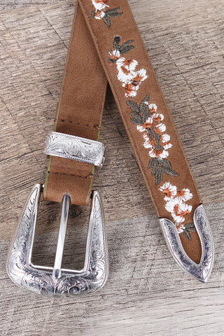 Embroidered Floral Western Buckle Belt