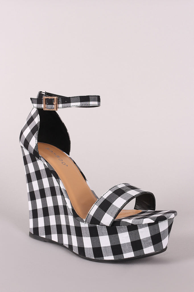 Bamboo Gingham Ankle Strap Platform Wedge